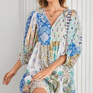 Blue Boho Women's Lantern Sleeve V Neck Tie Pockets Patchwork Print Maxi Dress